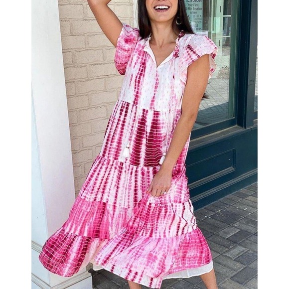 THML Dresses & Skirts - THML Anjuna Tie Dye Maxi Dress Womens Large Pink Tiered Metallic Tassel Boho